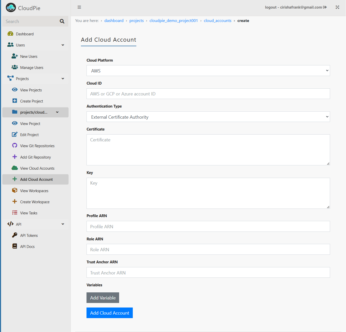 Screenshot of Add Cloud Account Form