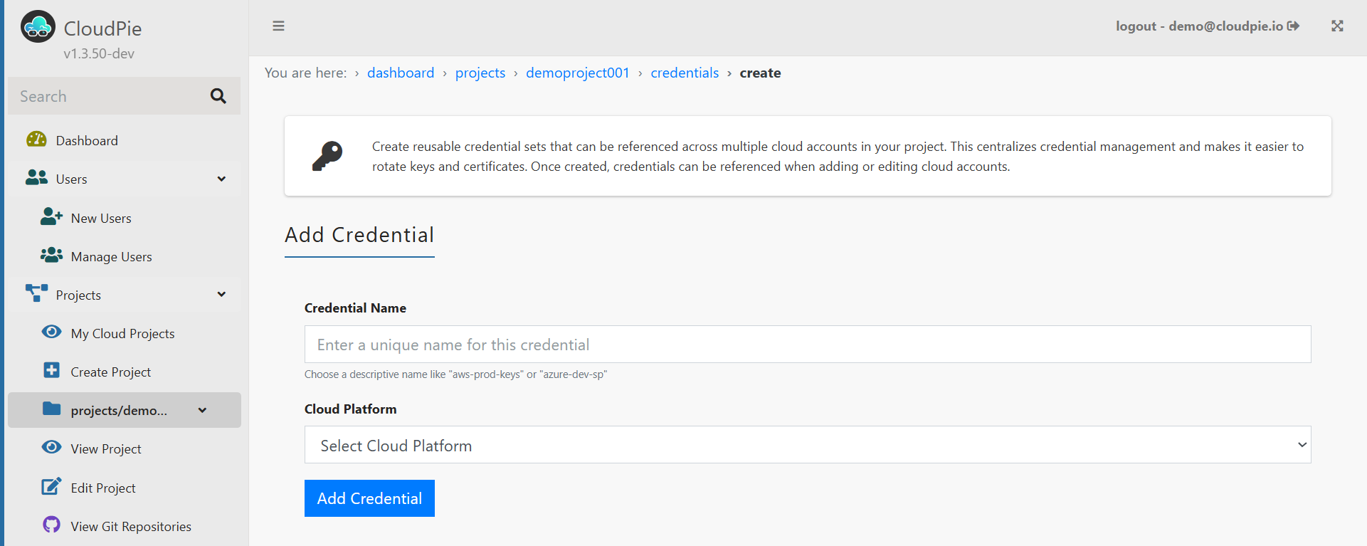 Screenshot showing the Add Cloud Credential form
