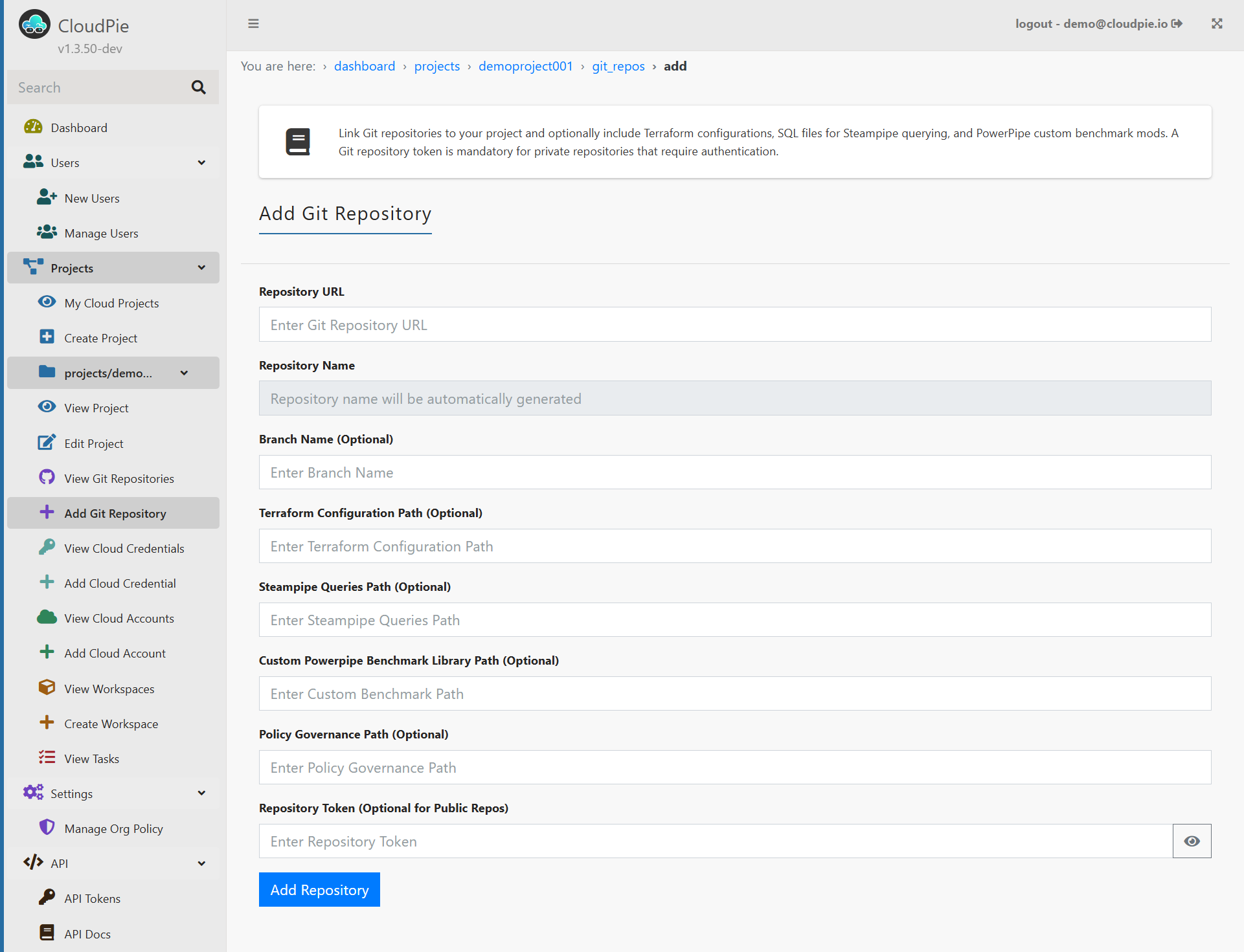 Screenshot showing Add Git Repository form