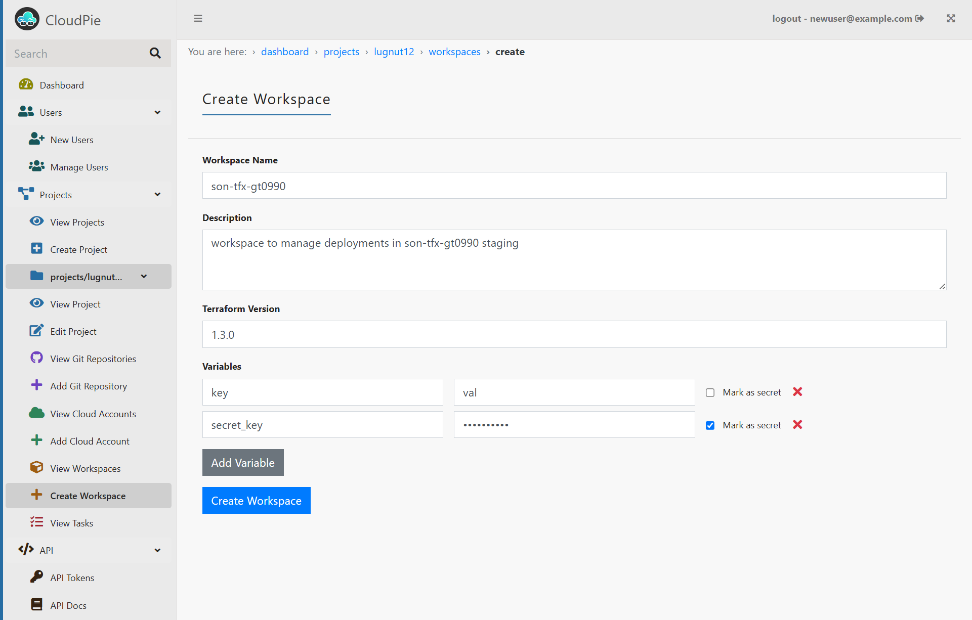 Screenshot of Add Workspace Form