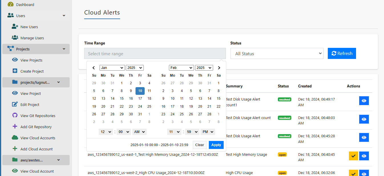 Screenshot of Alerts Page