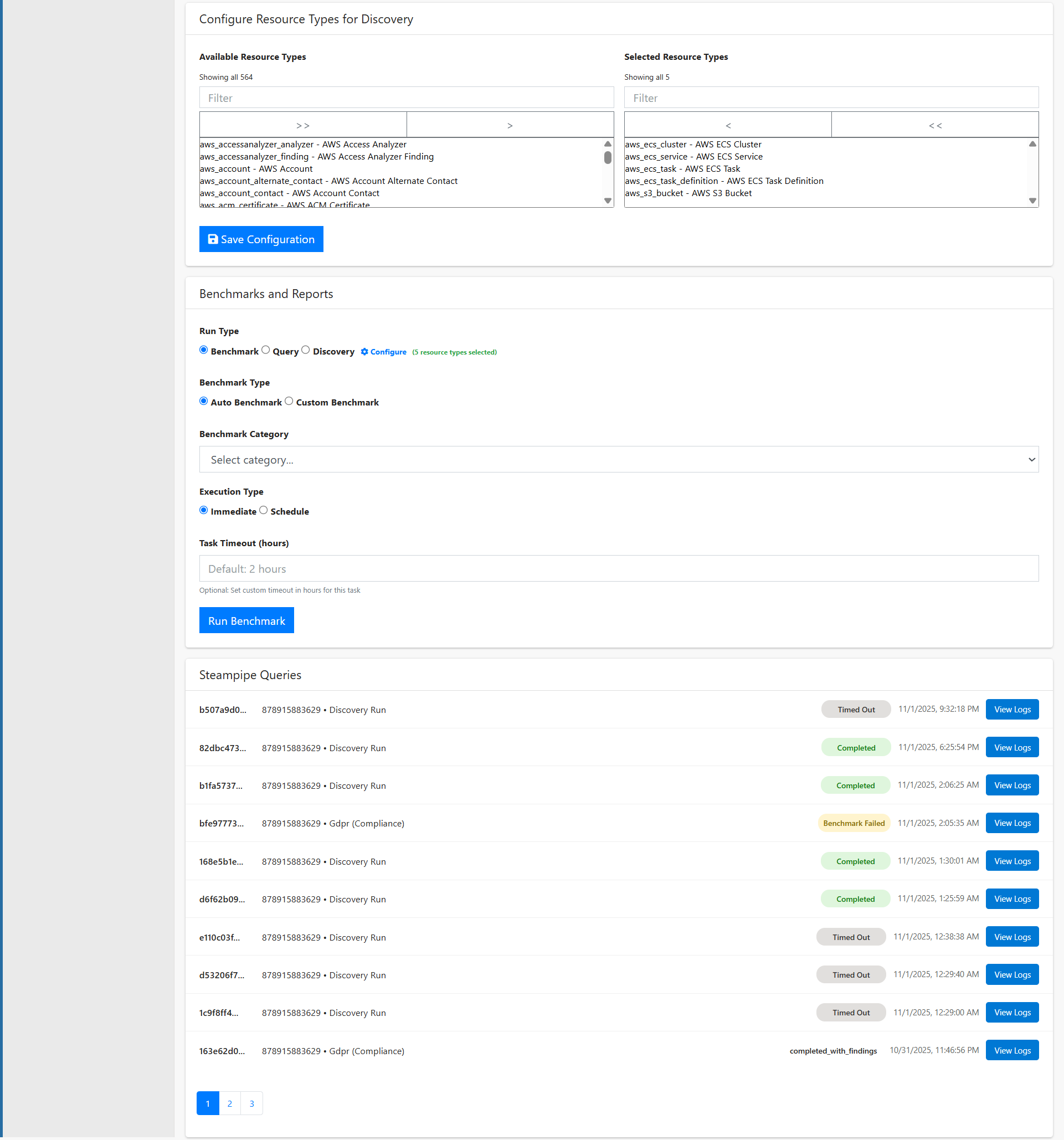 Discovery Config, Benchmarks & Runs