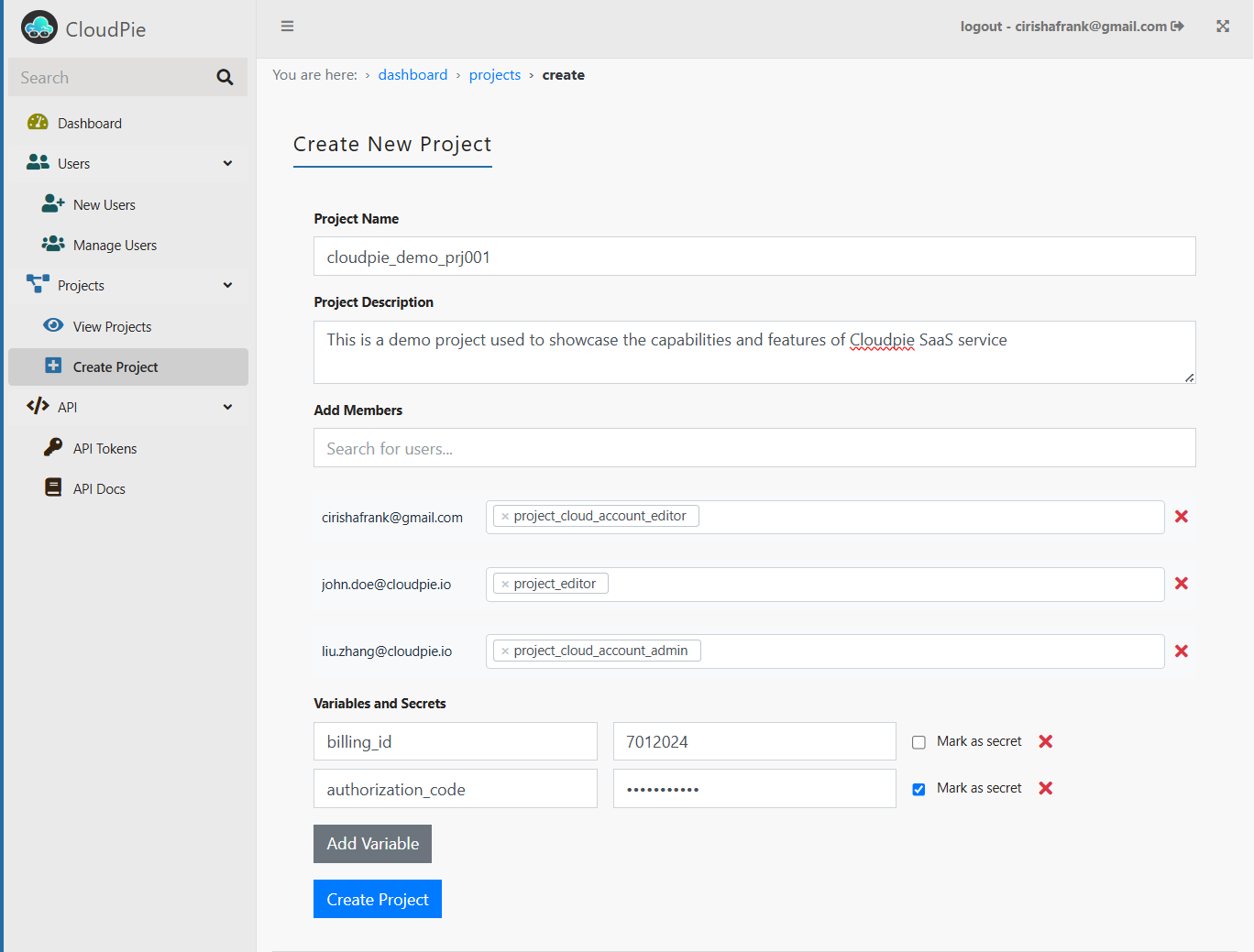 Screenshot of Create Project form