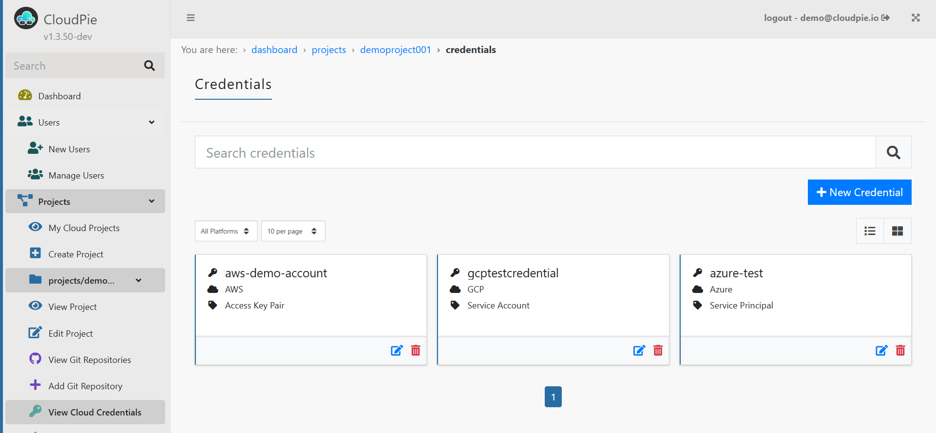 Screenshot showing the credentials list view