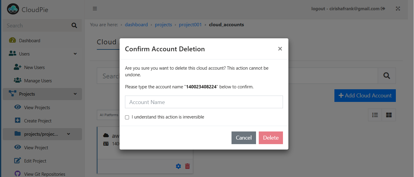 Screenshot of Delete Cloud Account Confirmation