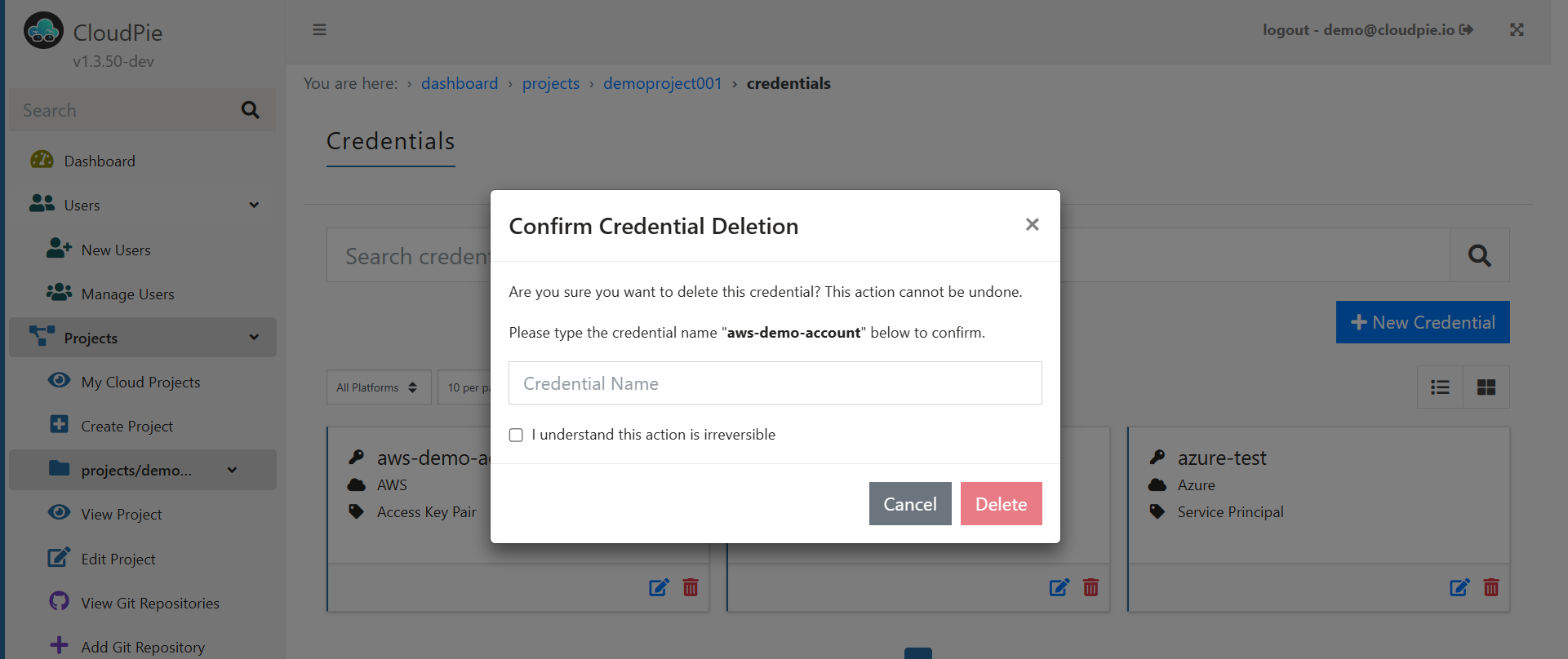 Screenshot showing the delete credential confirmation