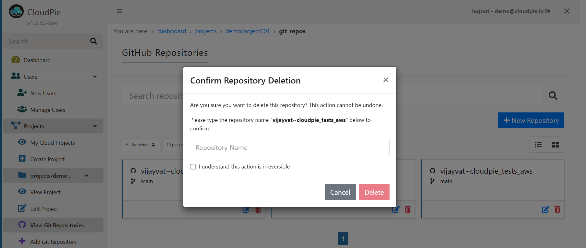 Screenshot showing the repository deletion confirmation
