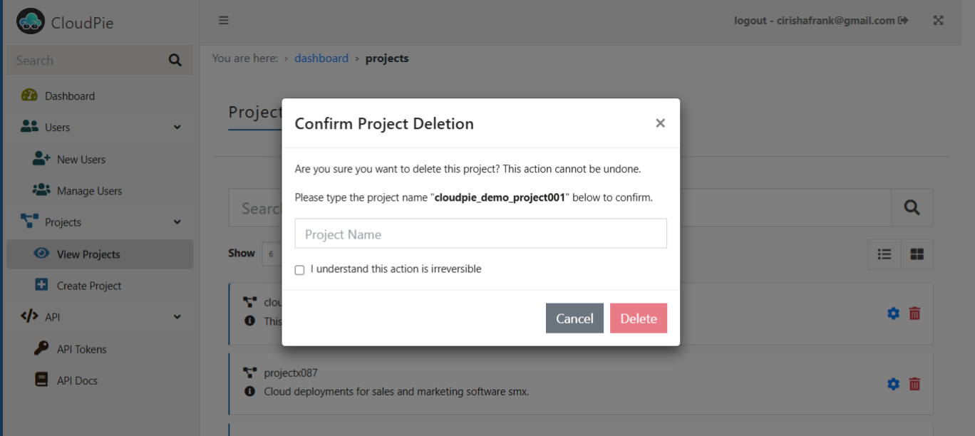 Screenshot of Delete Project Confirmation