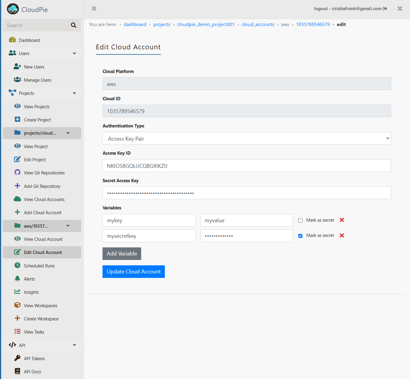 Screenshot of Edit Cloud Account Form