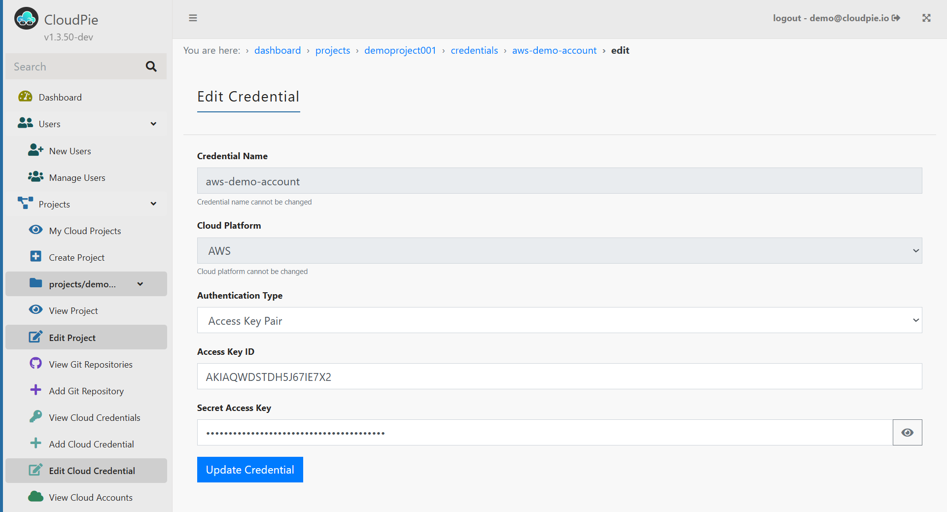 Screenshot showing the edit credential form