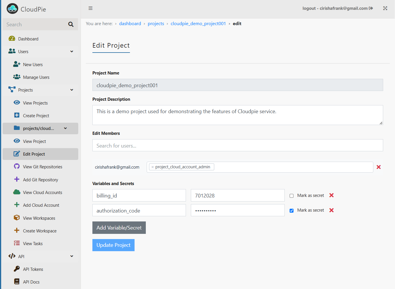 Screenshot of Edit Project form