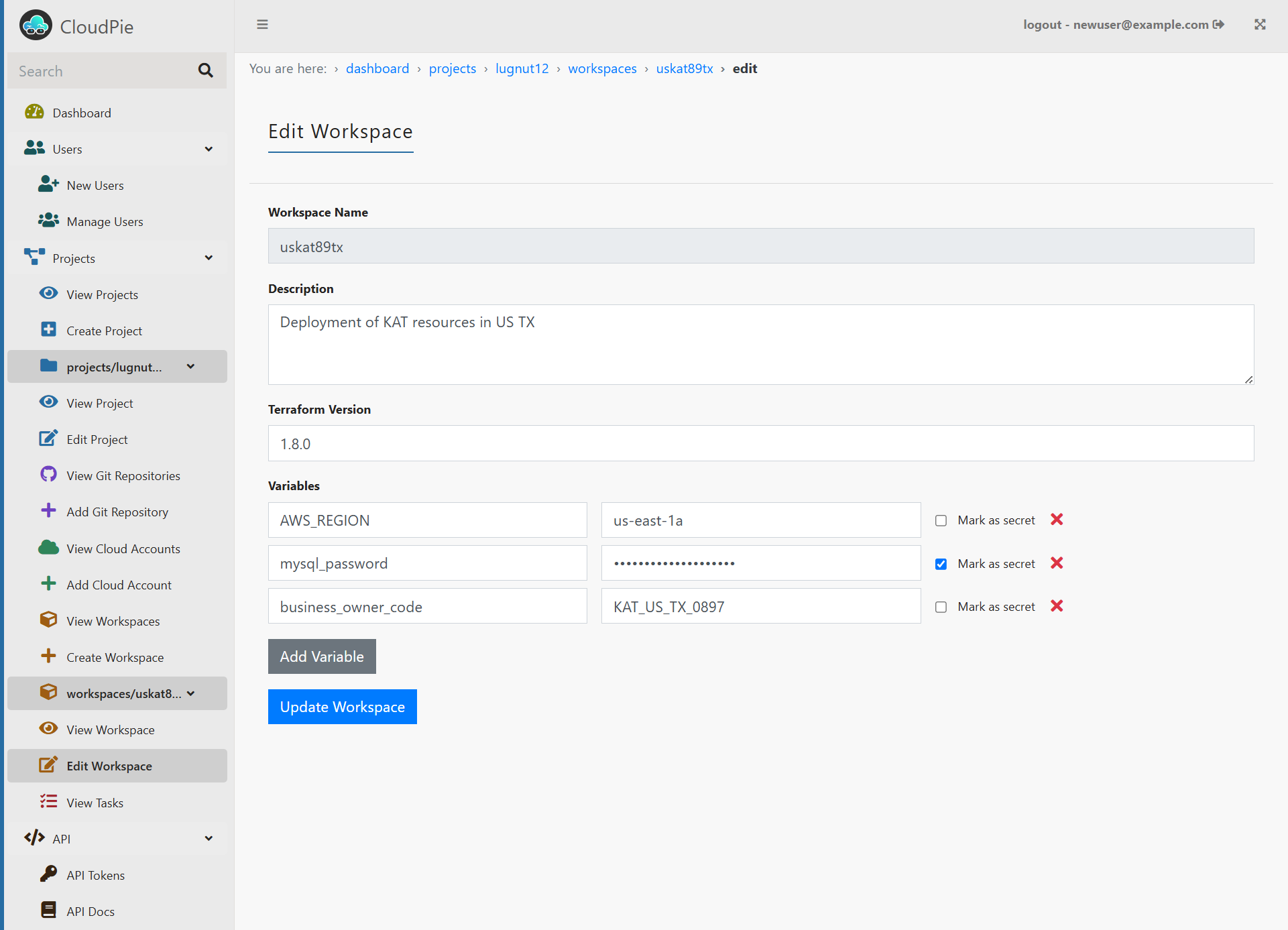 Screenshot of Edit Workspace Form