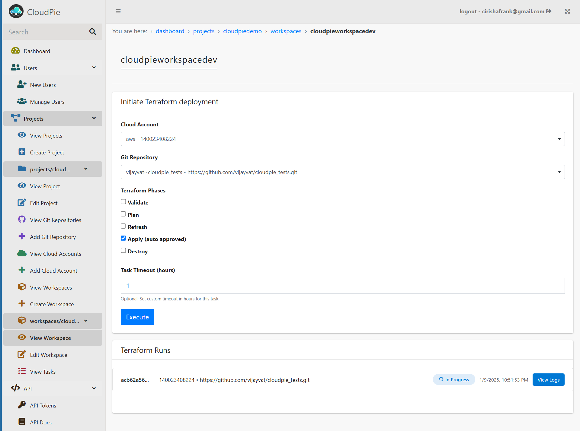 Screenshot of Workspace Details Page