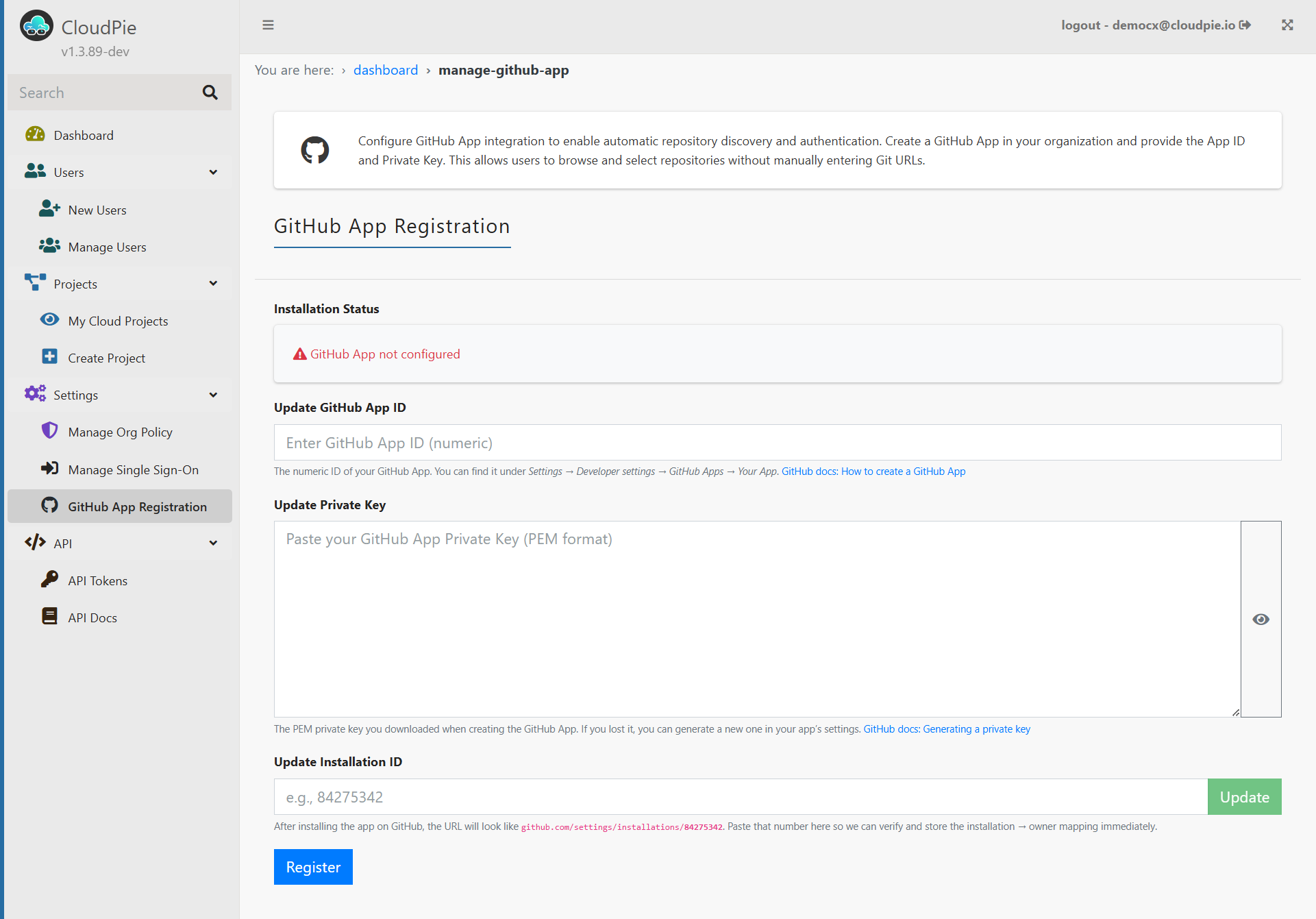 GitHub App Registration Page