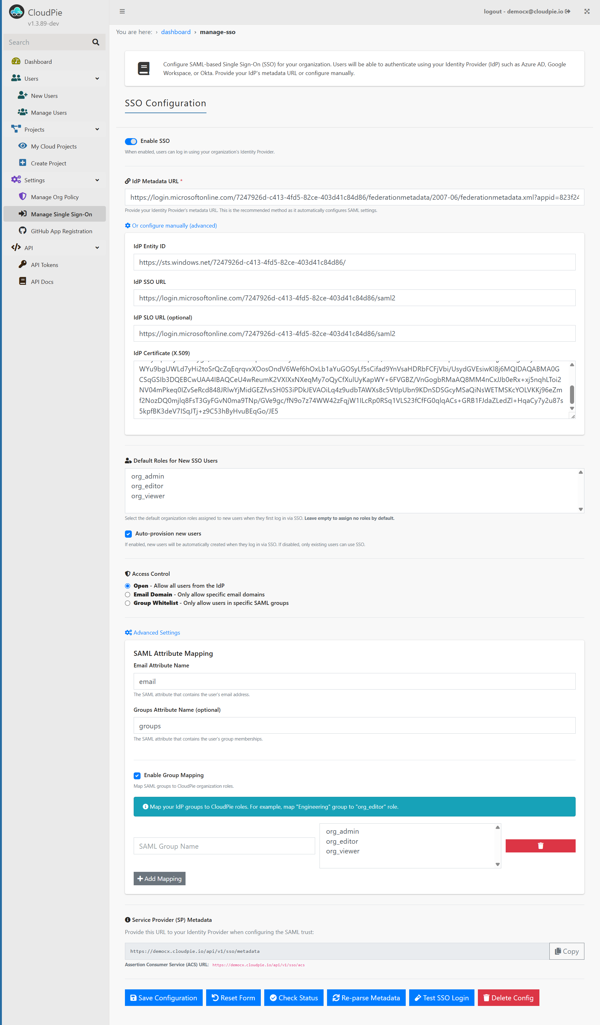 Manage SSO Configuration Page