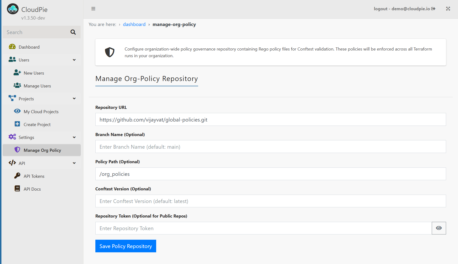 Screenshot of Organization Policy Configuration