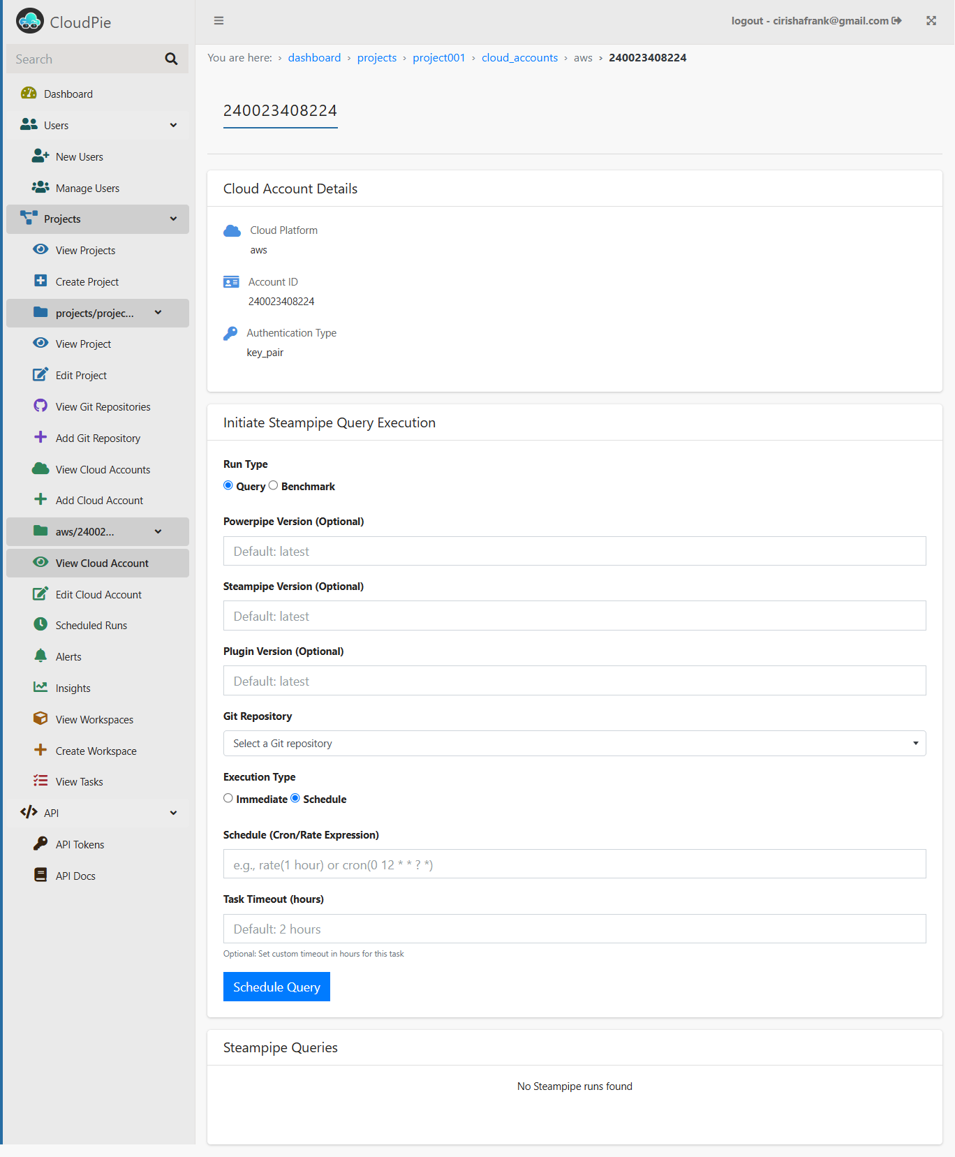 Screenshot of Individual Cloud Account Page