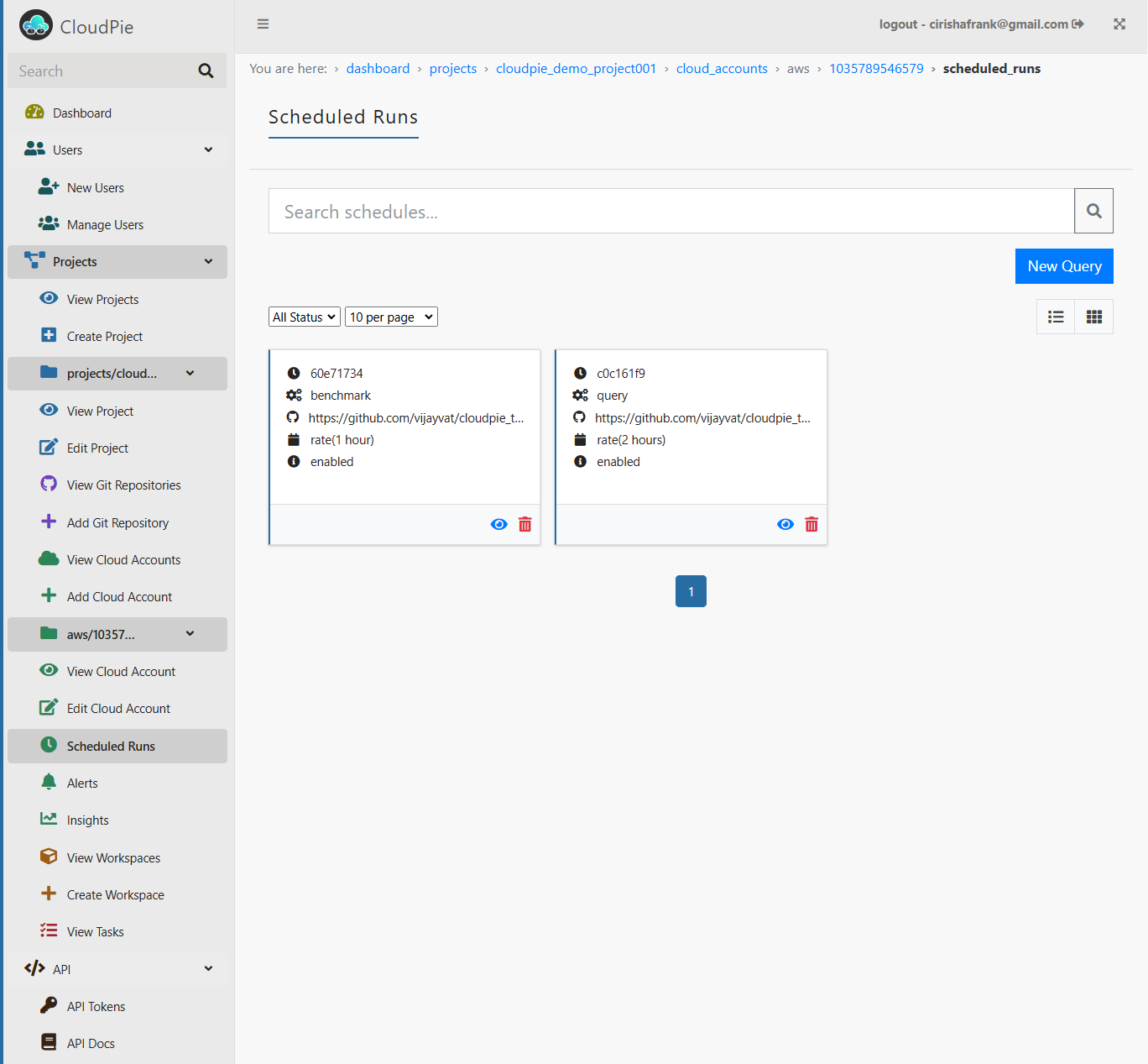 Screenshot of Scheduled Runs Page