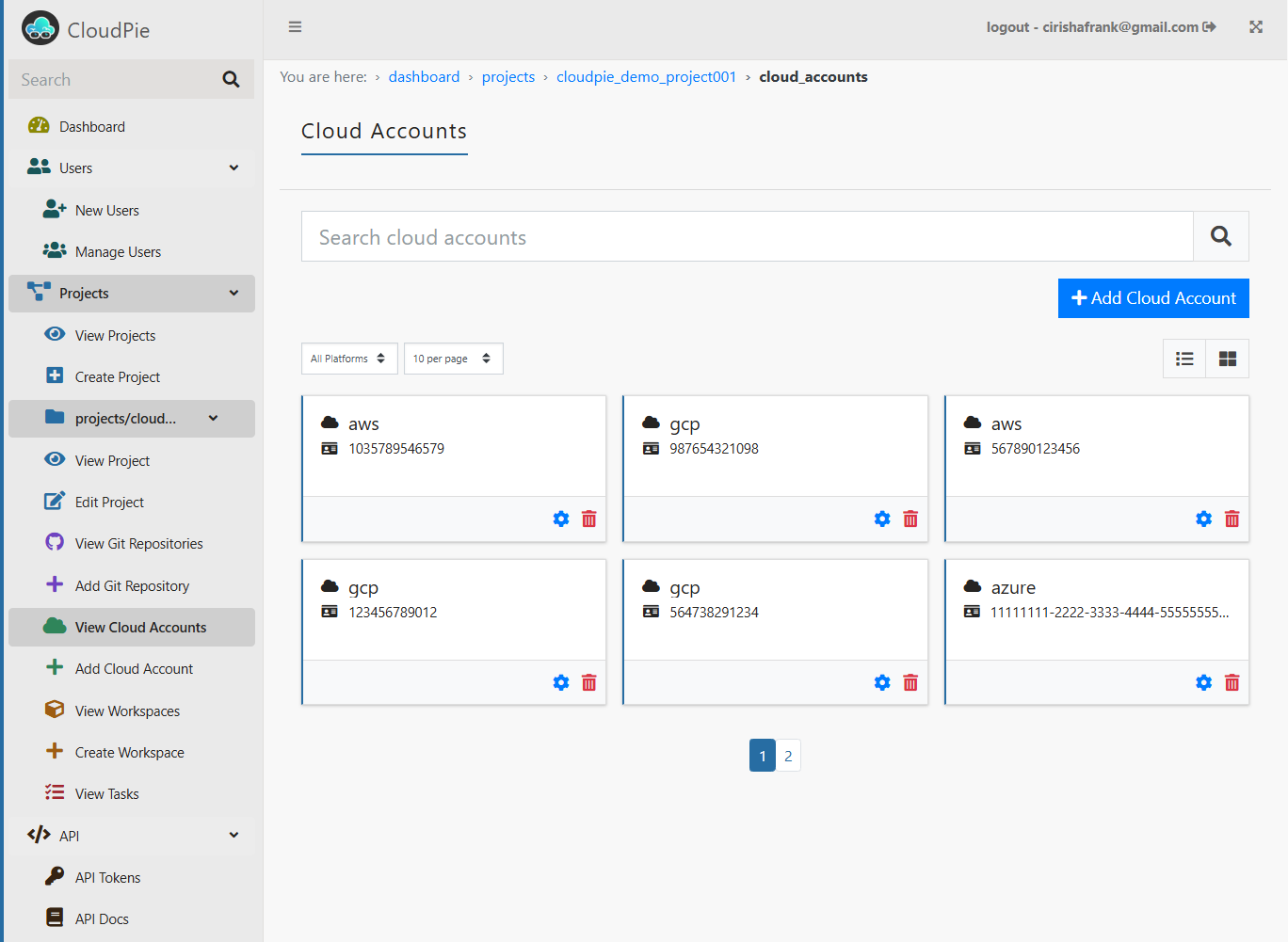 Screenshot of Cloud Accounts List with Filtering