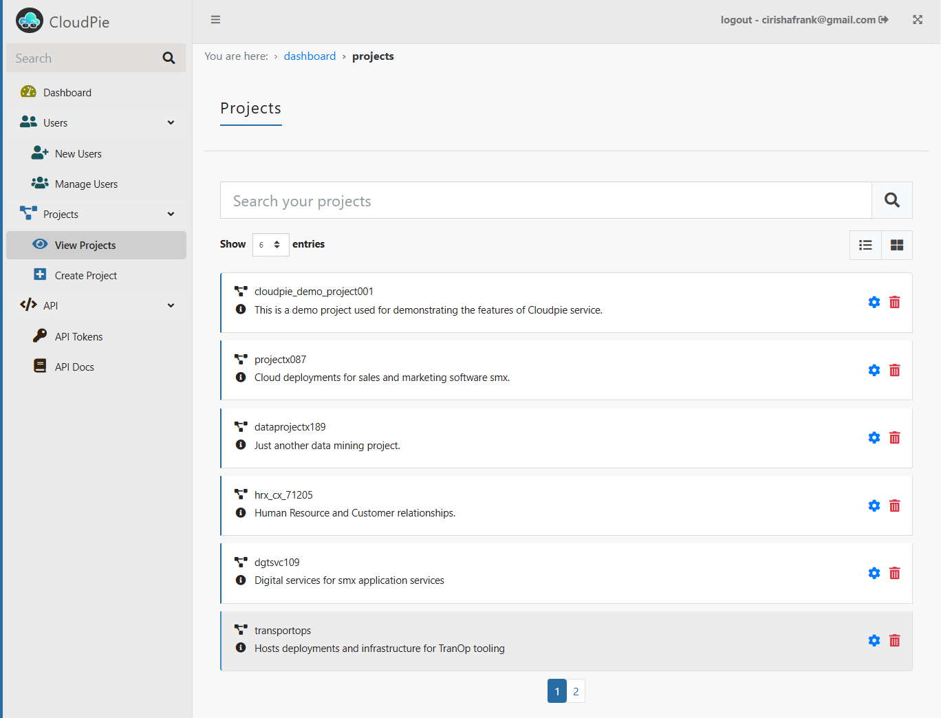 Screenshot of Created Projects