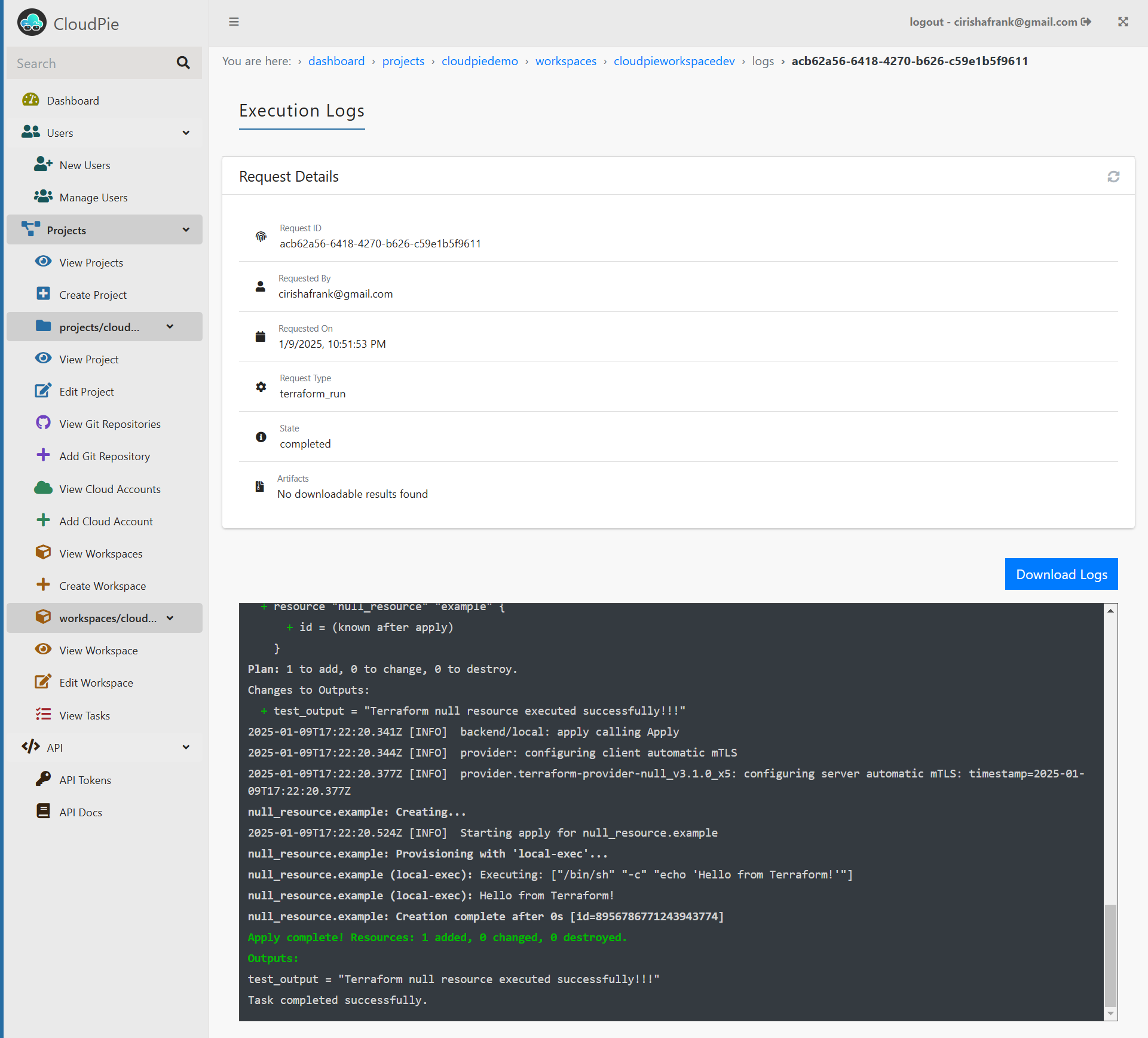 Screenshot of workspace logs Page