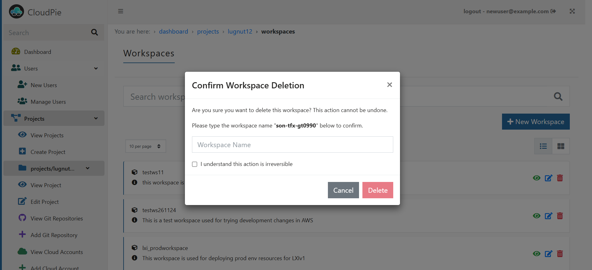 Screenshot of Delete Workspace Confirmation
